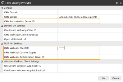 The Okta Identity Provider dialog box has a grid with row headings that have a gray background with black text and can be expanded to display fields with a white background and black text. In this example, in the General section, Okta Authorization Server ID is highlighted. And, in the REST API Settings section, Okta Web Api Client ID, Okta Web Api Custom Scopes, and Okta Web Api Authorization Server ID are highlighted.
